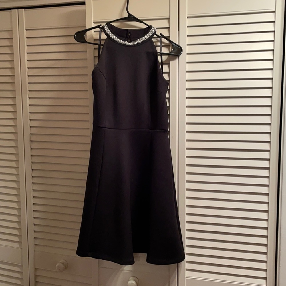 Black halter neck dress with jeweled collar